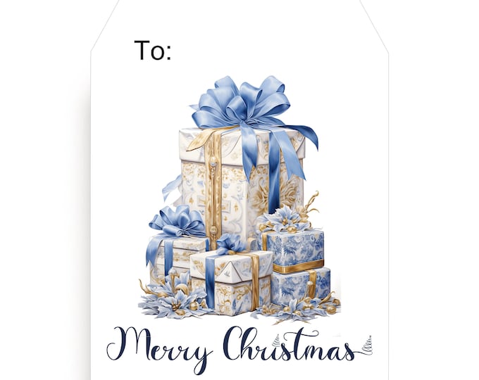 PRINTED Blue Christmas Package Gift Tags wtih String Personalized Corporate Gift Custom Hostess Gift Vintage Gift Tags #T1215