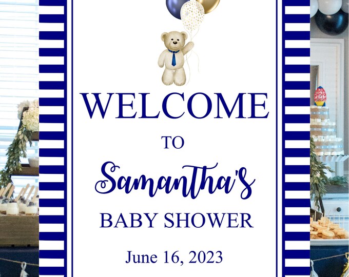 Digital Personalized Navy Striped Bear Baby Shower Welcome Sign Alternate Guest Book #babyshower lovebirdslane BS-426D0