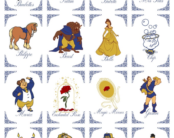 20 Card Set Navy & Gold Beauty And The Beast Character Wedding Table Cards | Character Table Seating Cards | item TN-455-N | lovebirdslane