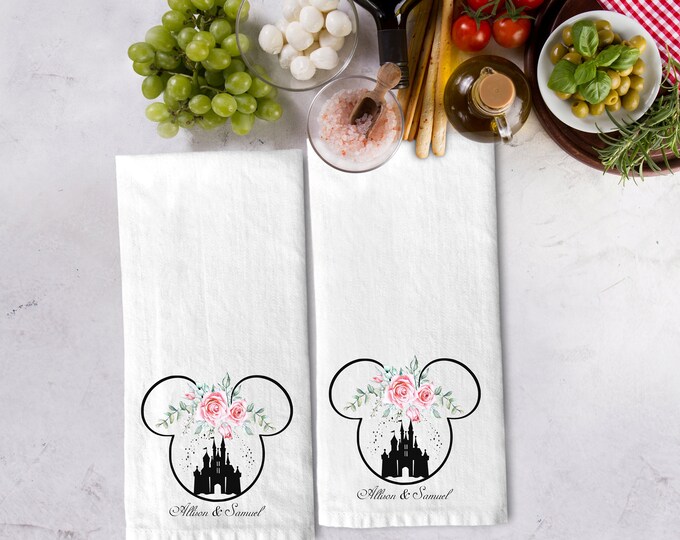 Personalized Cotton Tea Towels Set of 2 Tea Towels Personalized Kitchen Hand Towel Gift Set Mickey Mouse Cinderella's Castle