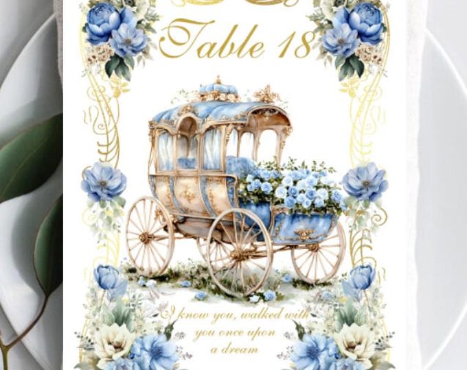 Blue Rose Fairytale Carriage Love Quotes Table Numbers | Table Seating Cards | Item TN-0510-2 | Rose Table Setting | Bridal Shower Decor