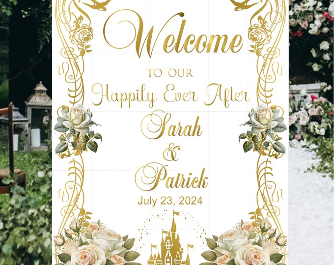 Digital Personalized Fairy Tale Cinderella Castle Wedding Welcome Sign lovebirdslane #0706D