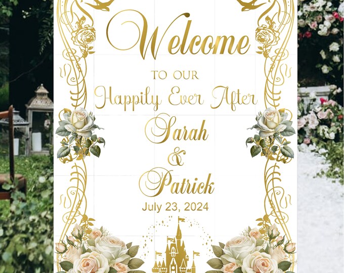 Digital Personalized Fairy Tale Cinderella Castle Wedding Welcome Sign lovebirdslane #0706D