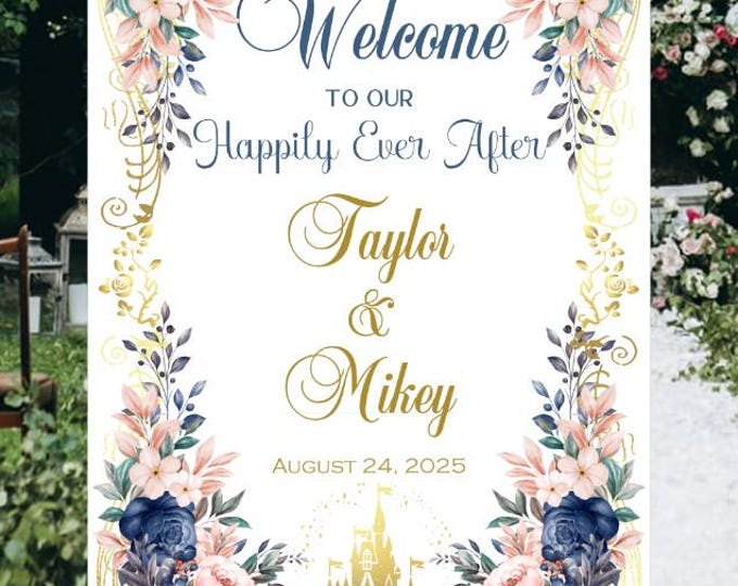 Wedding Welcome Sign Guestbook Alternative Personalized Fairytale Navy Blue Blush Ros Gold Castle  #0317P