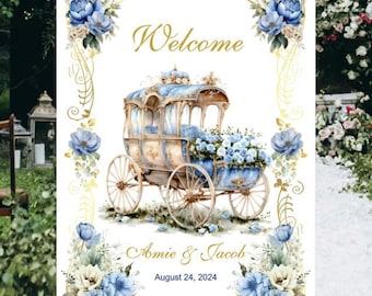 Printed Cinderella Blue Rose Enchanted Carriage Wedding Welcome Sign LovebirdsLane #WS0521P