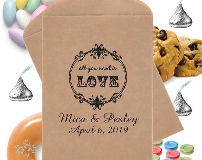 24 Personalized Wedding Favor Bags All you Need is Love Candy Buffet Bag Cookie Bag Wedding Favor Sweet Sixteen Quinceanera lovebirdslane