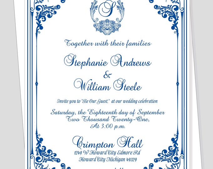 Sapphire Blue Filigree Monogram Modern Bride Wedding Invitation | Calligraphy Wedding Invitation #WI0518-8P