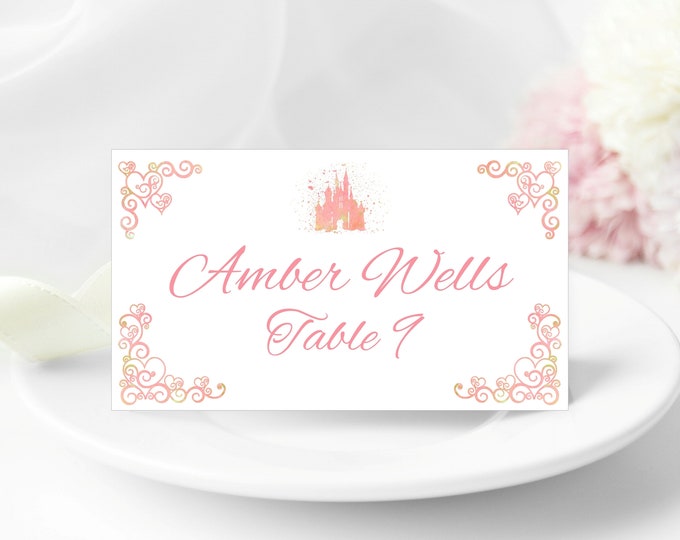 Place Card Watercolor Castle Romantic Accent Fairy Tale Princess Wedding Escort Cards Table Seating Reserved Seating Cards #PC-07161-8