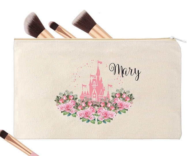 Blush Floral Fairytale Castle Personalized Name Monogram Makeup Bag Wedding Favor Bridesmaid Gift #MB-1010-7