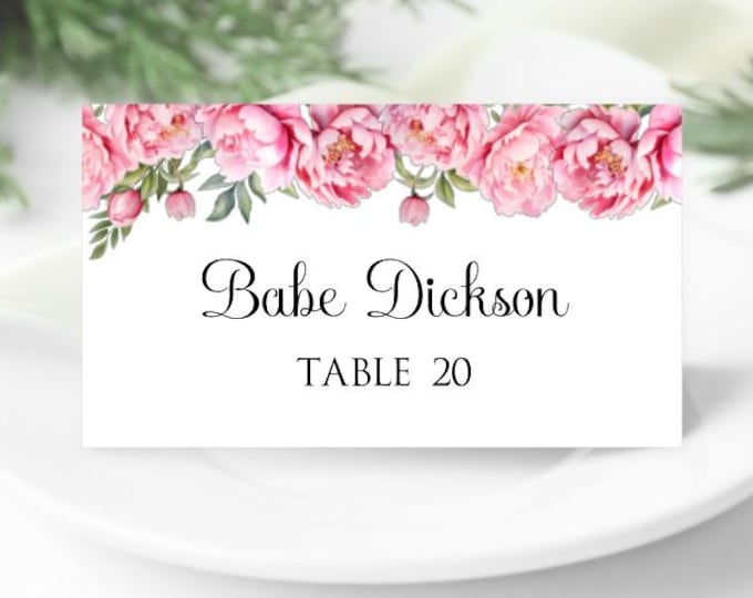 Printed Pink Peony Floral | Flat or Folded Place Cards with optional meal icons PC619-6