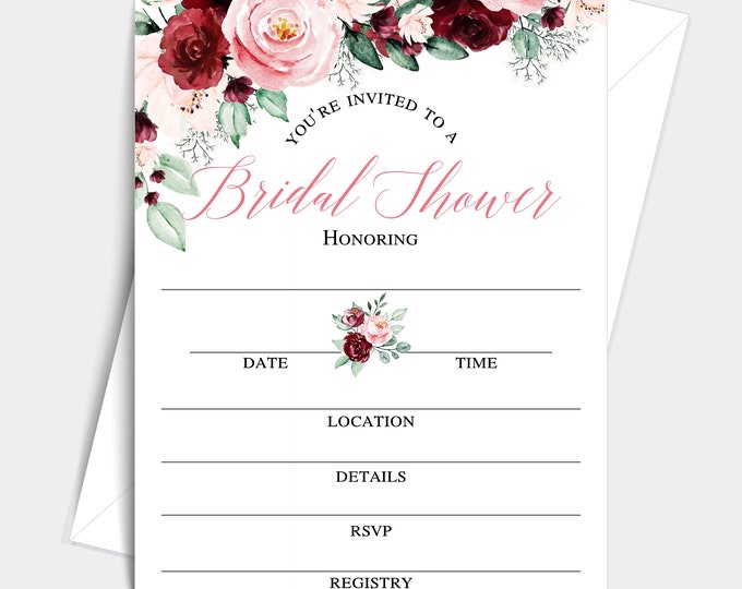 Bliss Collection Bridal Shower Invitations With Envelopes, Burgundy and Peach Floral 25 fillin Single-Sided Cards with Envelopes