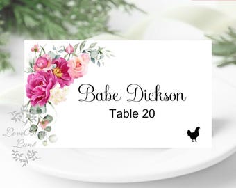 Printed Place Cards | Fuchsia Floral | Flat or Folded Place Cards with optional meal icons PC619-1