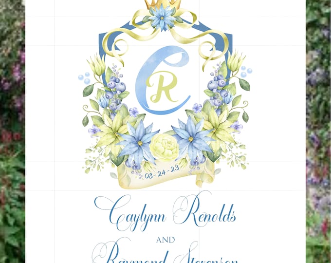 Digital Wedding Welcome Sign Personalized Fairytale Monogram Crest In Blue and Yellow by lovebirdslane #0704221D