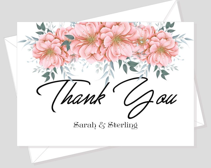 Wedding Thank You Card | Bridal Shower Thank You Card | Folded Personalized Thank You Card With Envelope | Gold & Blush Pink Flowers #601-2