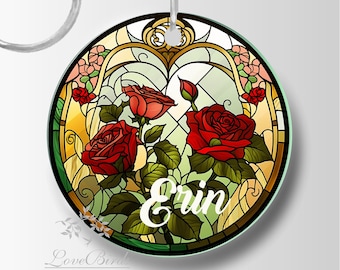 Beauty And The Beast Enchanted Rose Stained Glass Keychain Zipper Pull Party Favor #KC-0726