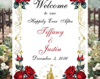 Red Rose Enchanted Castle Wedding Welcome Sign Guest Book Alternative | Unique Wedding Guestbook |  LovebirdsLane #WS510-2P