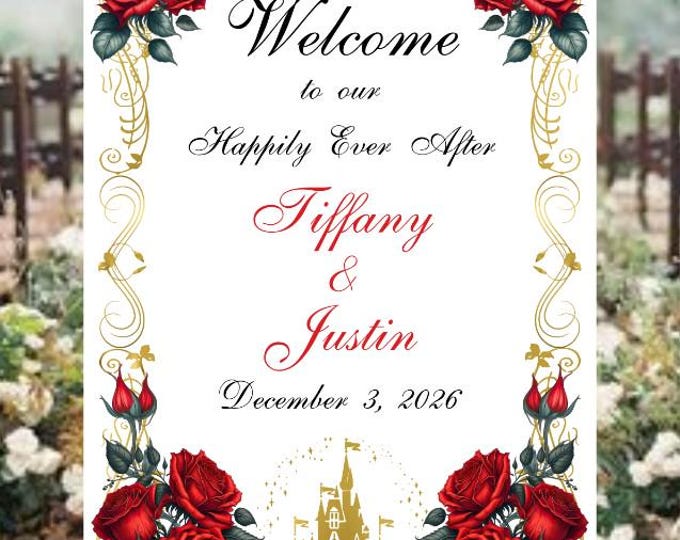 Red Rose Enchanted Castle Wedding Welcome Sign Guest Book Alternative | Unique Wedding Guestbook |  LovebirdsLane #WS510-2P