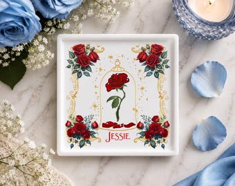 Victorian Wedding Rose Jewelry Tray Personalized Enchanted Rose Design | Red Rose Trinket Tray | Engagement Keepsake Gift
