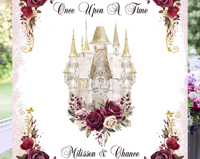 Wedding Welcome Sign Bridal Keepsake Guestbook Alternative Personalized Fairytale Red  Rose Golden Castle  #S0922-1P