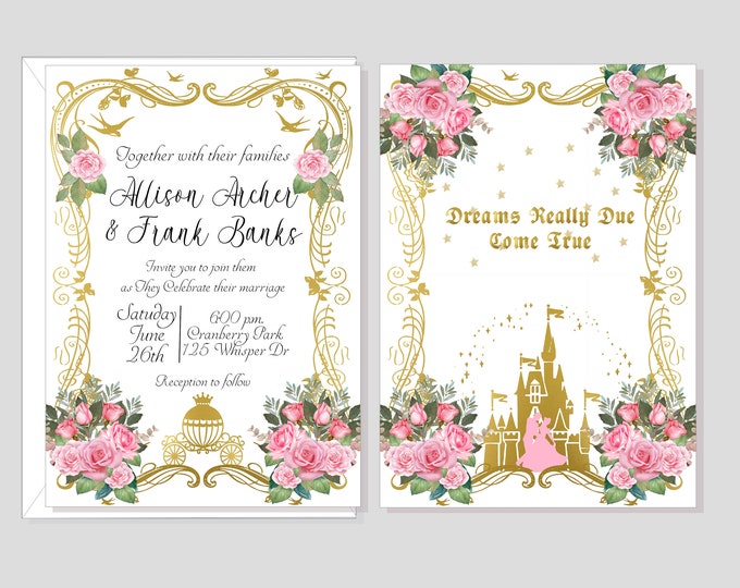 Vintage Cinderella Fairy Tale Wedding Invitation | Cinderella Carriage 2 sided Wedding Invitation | Calligraphy Wedding Invitation #1228P