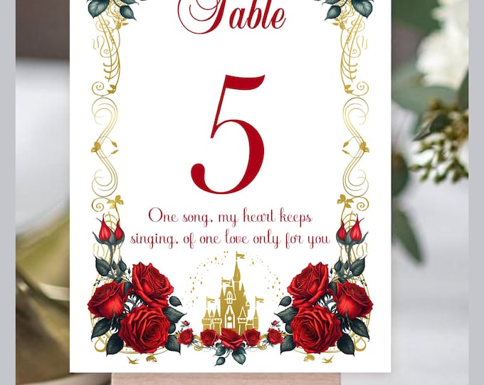 Red Rose Love Quotes Table Numbers | Table Seating Cards | Item TN-0510-1 | Rose Table Setting | Bridal Shower Decor