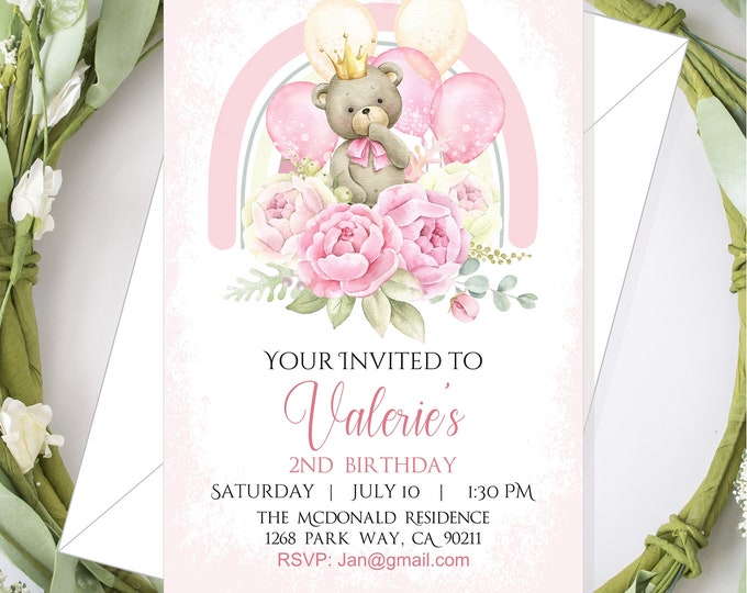 Pink Rainbow Teddy Bear Birthday Invitation Pastel Rainbow Party Invite Girl Baby Shower Party Invite #I223P-11