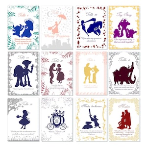 May include: A collection of twelve table cards featuring silhouettes of Disney characters. Each card has a unique design with a character silhouette, table number, and a quote. The cards are in various colors and decorative frames.