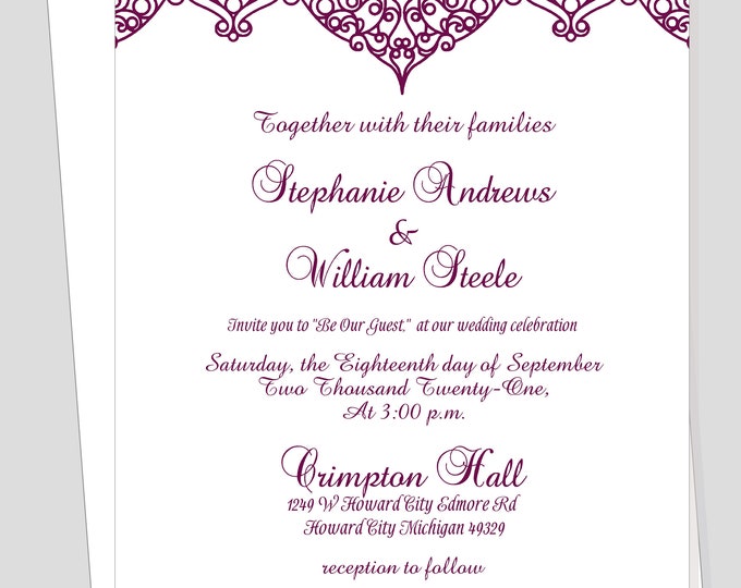 Burgundy Modern Bride Maracan Wedding Invitation | Calligraphy Wedding Invitation #WI0518-3P