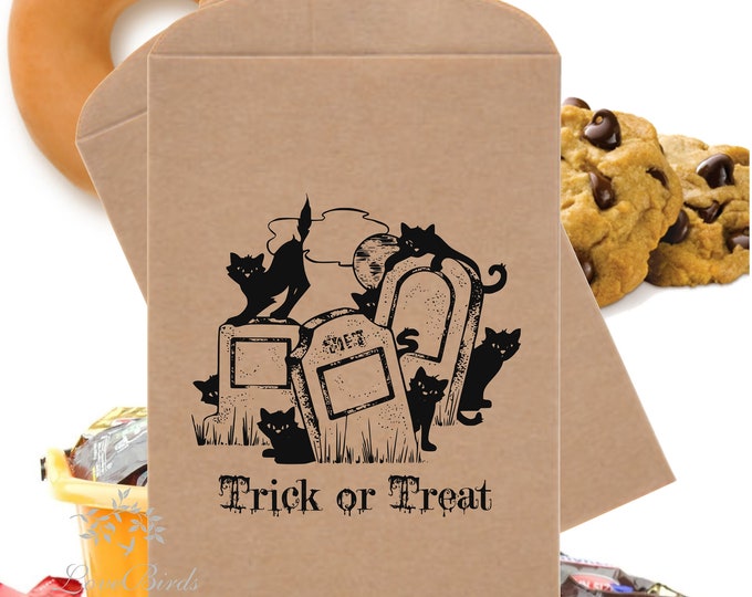 SAVE 30% OFF 24 Graveyard Cats Trick or Treat Favor Bags Halloween Favor Bags Treat Bags Candy Bag Potter Favors Table Party Favor