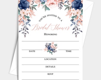 Floral Bliss Collection Bridal Shower Invitations With Envelopes, Peach Navy Floral fillin Single-Sided Cards (25 Invitations and Envelopes)