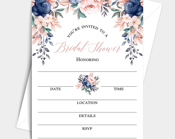 Floral Bliss Collection Bridal Shower Invitations With Envelopes, Peach Navy Floral fillin Single-Sided Cards (25 Invitations and Envelopes)