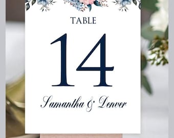 Printed Personalized Blue & Pink Floral Wedding Table Numbers TN616