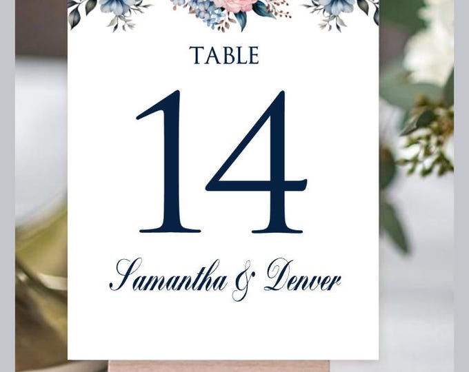 Printed Personalized Blue & Pink Floral Wedding Table Numbers TN616