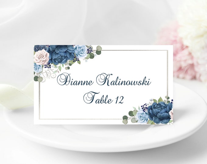 Place Card Royal Peony Blue Rose  Romantic Accent Fairy Tale Princess Wedding Escort Cards Table Seating Reserved Seating Cards #PC-0901