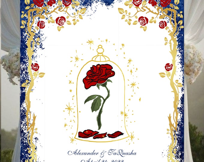 Blue Gold Crimson Enchanted Rose Beauty And The Beast Rose Wedding Guest Book Alternative | Unique Wedding Guestbook |  LovebirdsLane #GB404