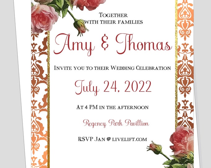 Copper Blush Rose  Wedding Invitation | Calligraphy Wedding Invitation #WI0518-1P