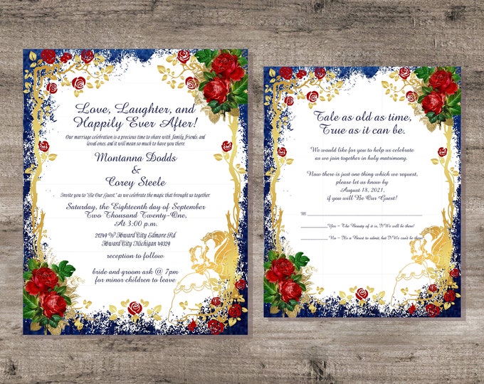 Digital Printable Enchanted Rose Beauty And The Beast Wedding Invitation Be Our Guest Wedding Invitation Calligraphy Wedding Invite #0326D-8