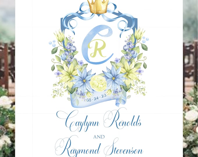 Digital Personalized Fairytale Monogram Crest Wedding Welcome Sign In Blue and Yellow by lovebirdslane #070422D