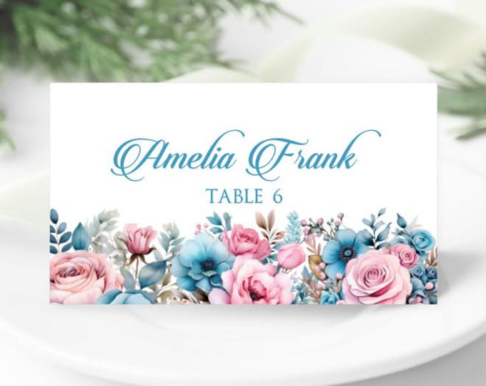 Printed Teal & Pink Floral | Flat or Folded Place Cards for Weddings Birthday Celebrations and Baby Showers with optional meal icons PC616