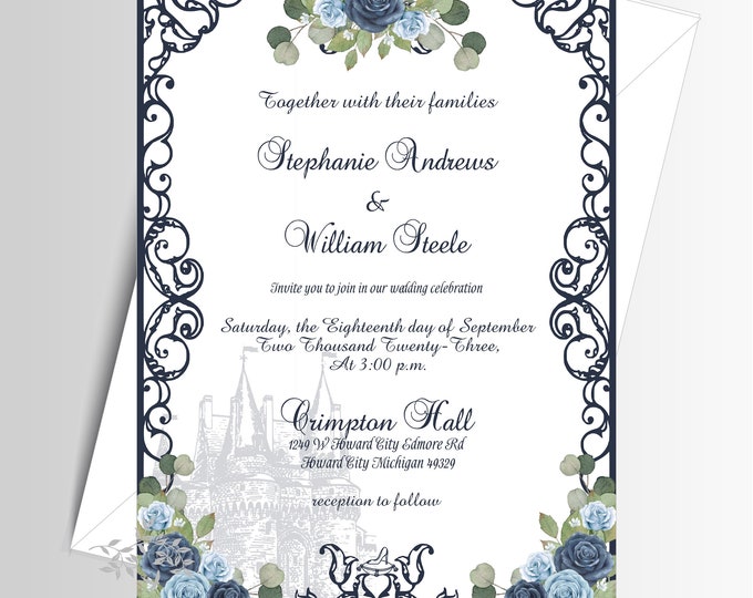 Art Nouveau Castle Invitation | Wedding Invitation | Calligraphy Wedding Invitation | Lovebirdslane #I-0704-2