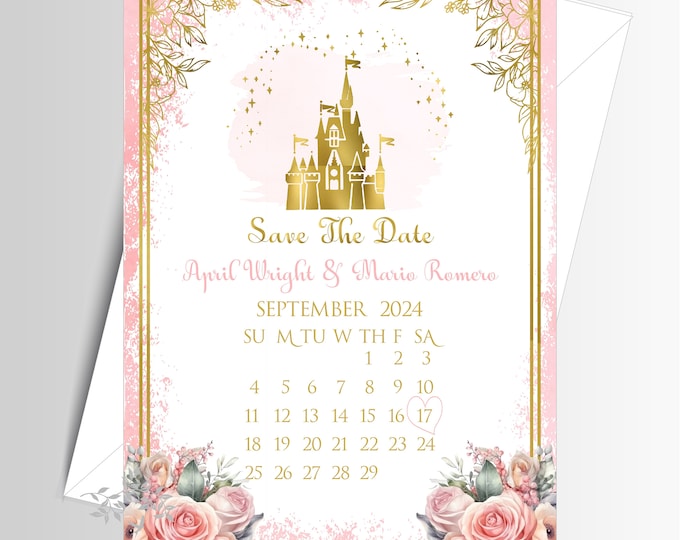 Cinderella Blush Castle Save The Date Invite | Wedding Invitation | Calligraphy Wedding Invitation | Lovebirdslane #I-0704-11