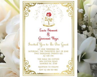 Enchanted Rose Beauty and The Beast Wedding Invitation | Calligraphy Wedding Invitation | Lovebirdslane #I-0128