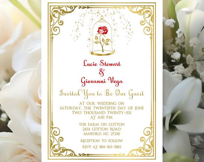 Enchanted Rose Beauty and The Beast Wedding Invitation | Calligraphy Wedding Invitation | Lovebirdslane #I-0128