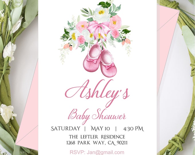 Pink Baby Booties Birthday Invitation Girl Baby Shower Party Invite #I223P-8