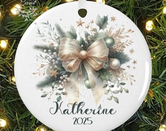Personalized Green Coquette Bow Christmas Ornament