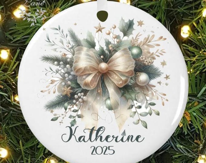 Personalized Green Coquette Bow Christmas Ornament