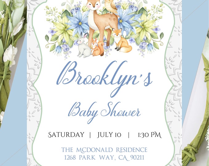 Blue Baby Forest Animals Invitation Party Invite For Baby Showers and Birthdays #I223P-1