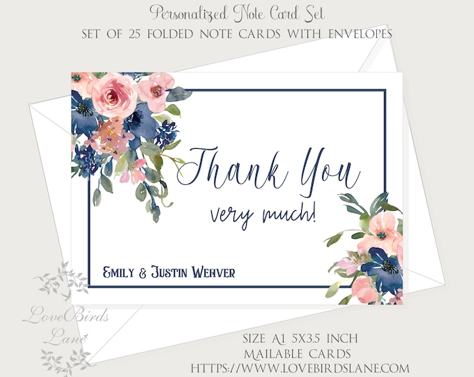 Blush Pink and Navy Floral Personalized Thank You Cards | Personalized Note Cards | lovebirdslane #C22623-7