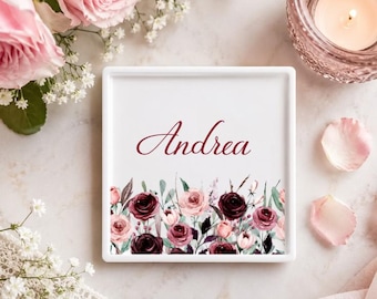 Personalized Enchanted Burgundy and Blush Rose Jewelry Dish | Red Rose Trinket Tray | Romantic Keepsake Gift