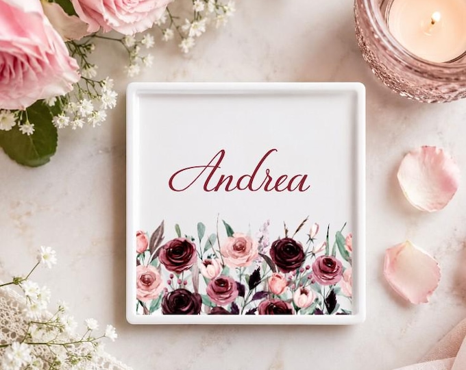 Personalized Enchanted Burgundy and Blush Rose Jewelry Dish | Red Rose Trinket Tray | Romantic Keepsake Gift
